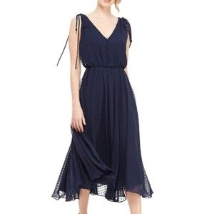 Gal Meets Glam Dot Midi Dress Size 6 Navy Blue Chiffon Sleeveless Tie Buttons